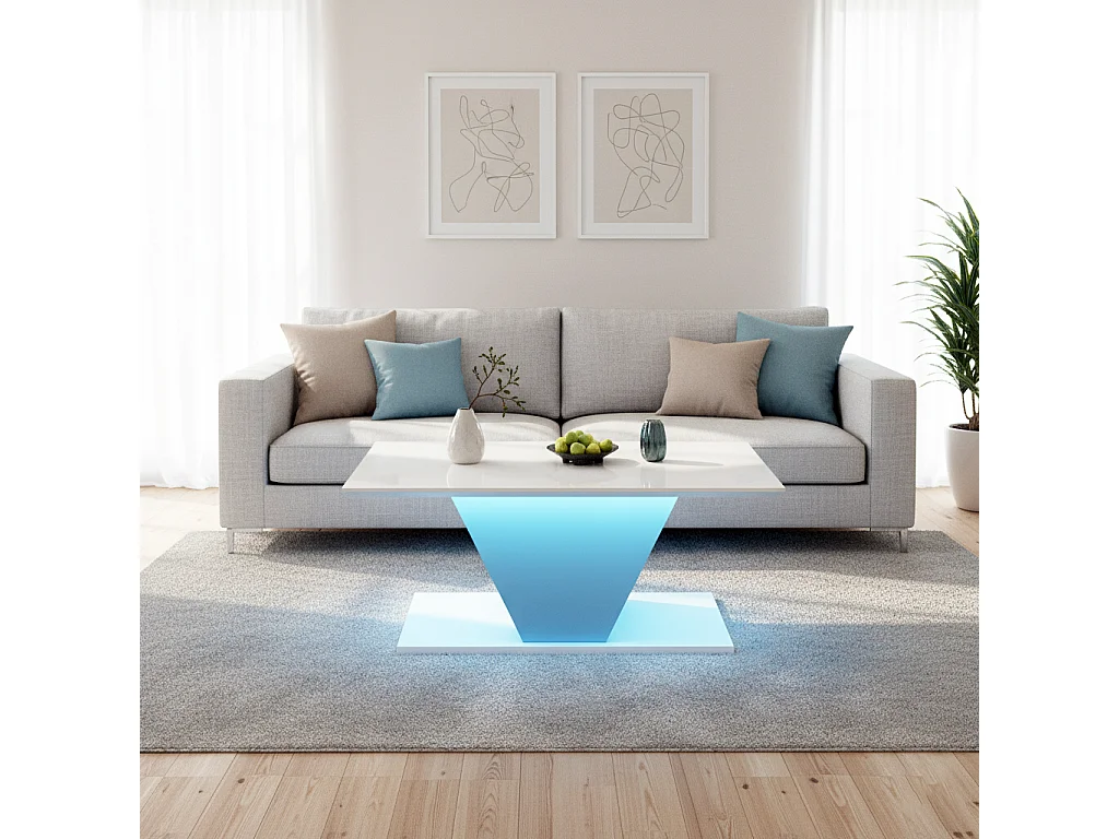 URBAN MEUBLE Table basse blanche brillante forme V avec éclairage LED 100x50cm