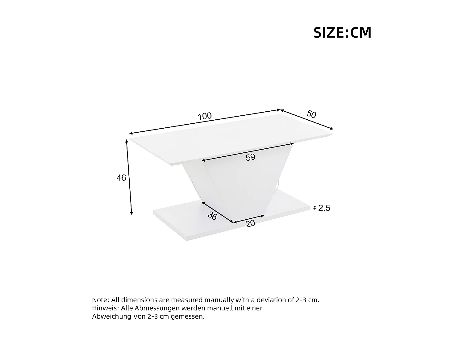 URBAN MEUBLE Table basse blanche brillante forme V avec éclairage LED 100x50cm