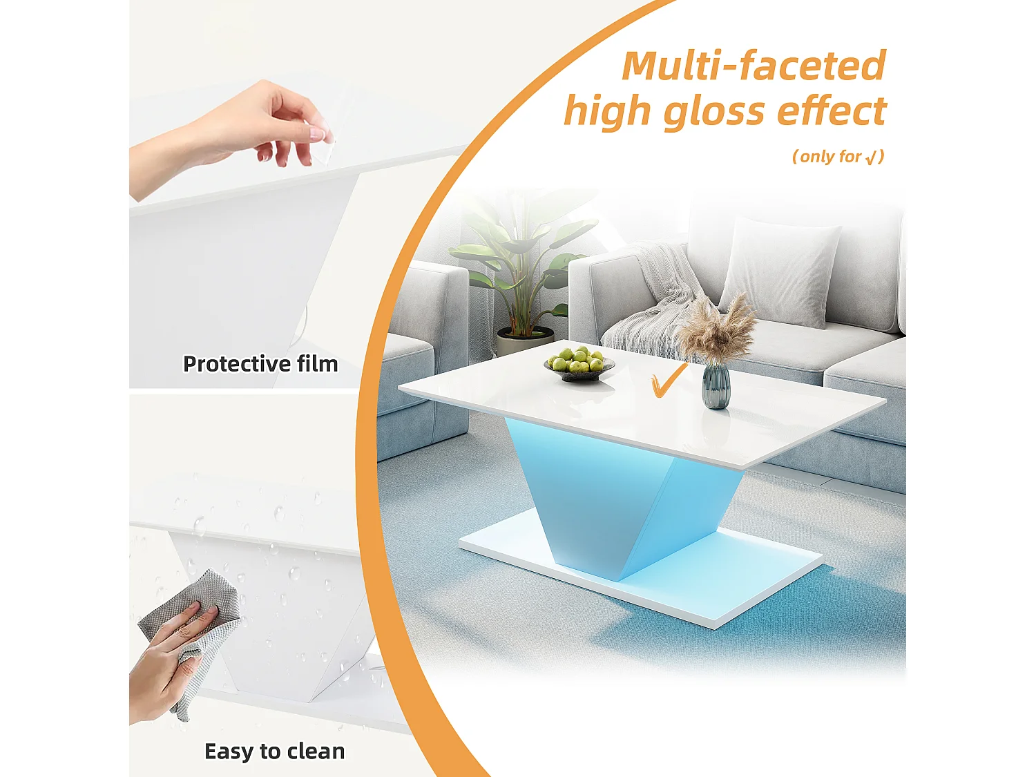 URBAN MEUBLE Table basse blanche brillante forme V avec éclairage LED 100x50cm