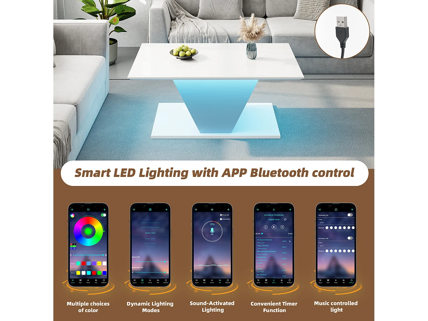 URBAN MEUBLE Table basse blanche brillante forme V avec éclairage LED 100x50cm