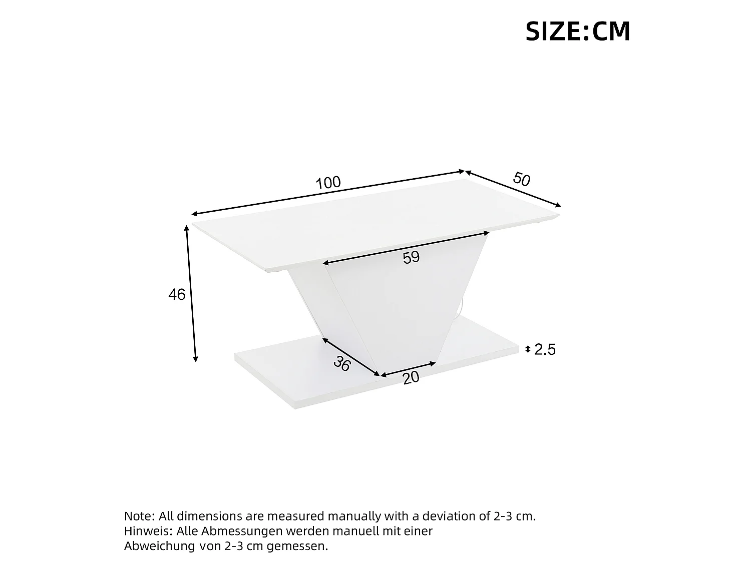 URBAN MEUBLE Table basse blanche brillante forme V avec éclairage LED 100x50cm