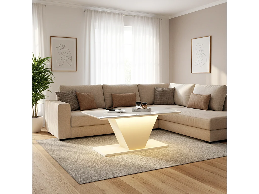 URBAN MEUBLE Table basse blanche brillante forme V avec éclairage LED 100x50cm