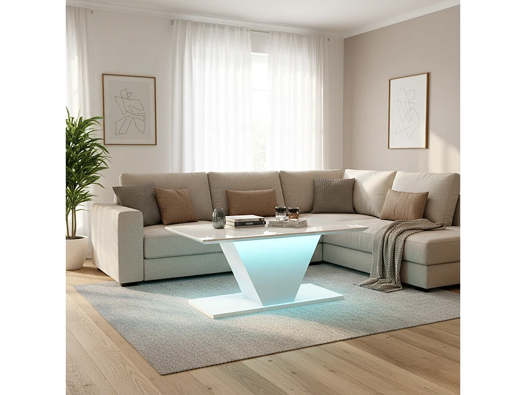 URBAN MEUBLE Table basse blanche brillante forme V avec éclairage LED 100x50cm