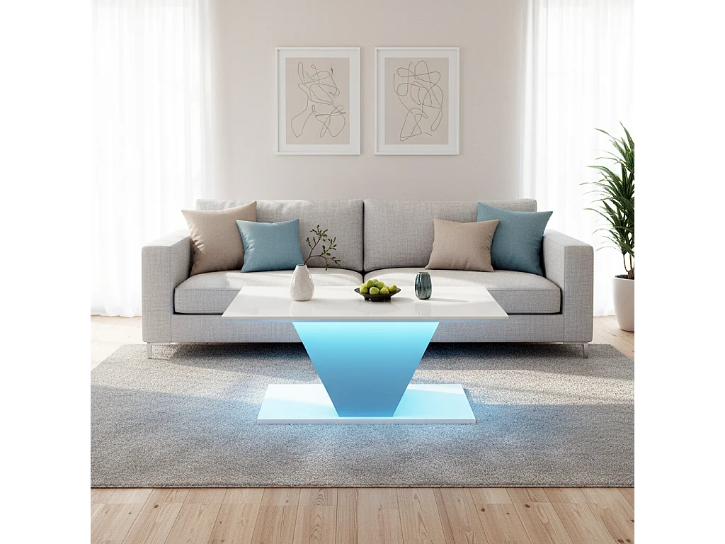 URBAN MEUBLE Table basse blanche brillante forme V avec éclairage LED 100x50cm