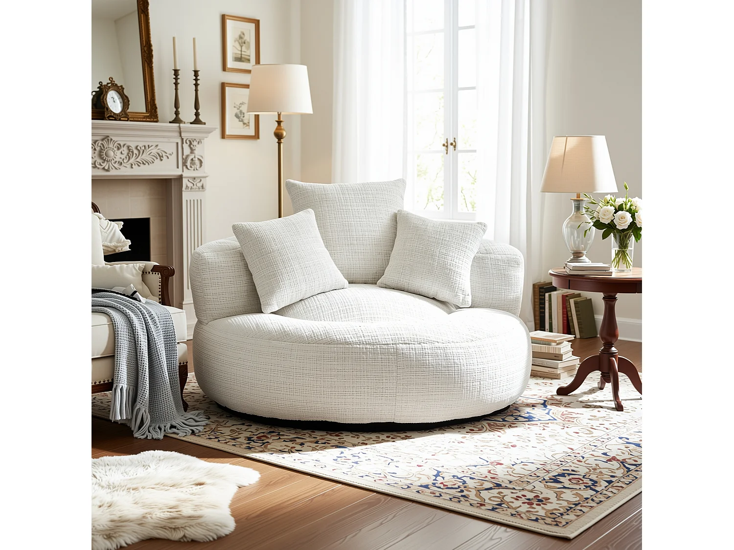 URBAN MEUBLE Grand fauteuil rond en chenille beige chaise lounge avec trois coussins