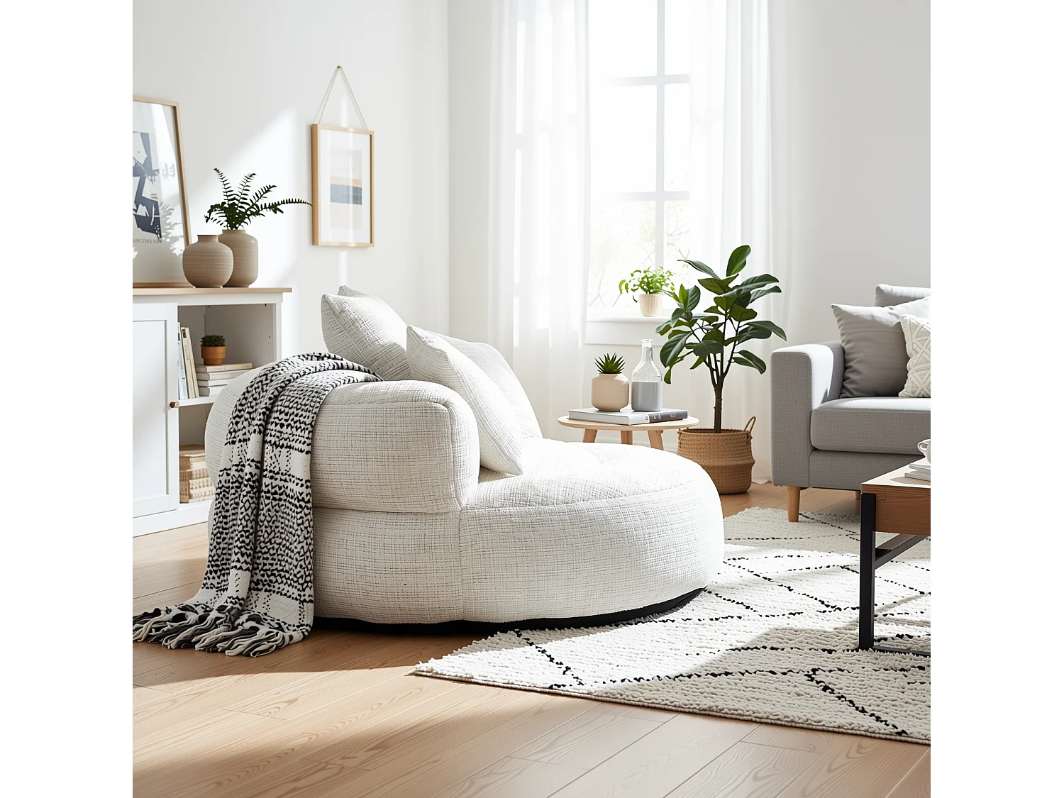 URBAN MEUBLE Grand fauteuil rond en chenille beige chaise lounge avec trois coussins