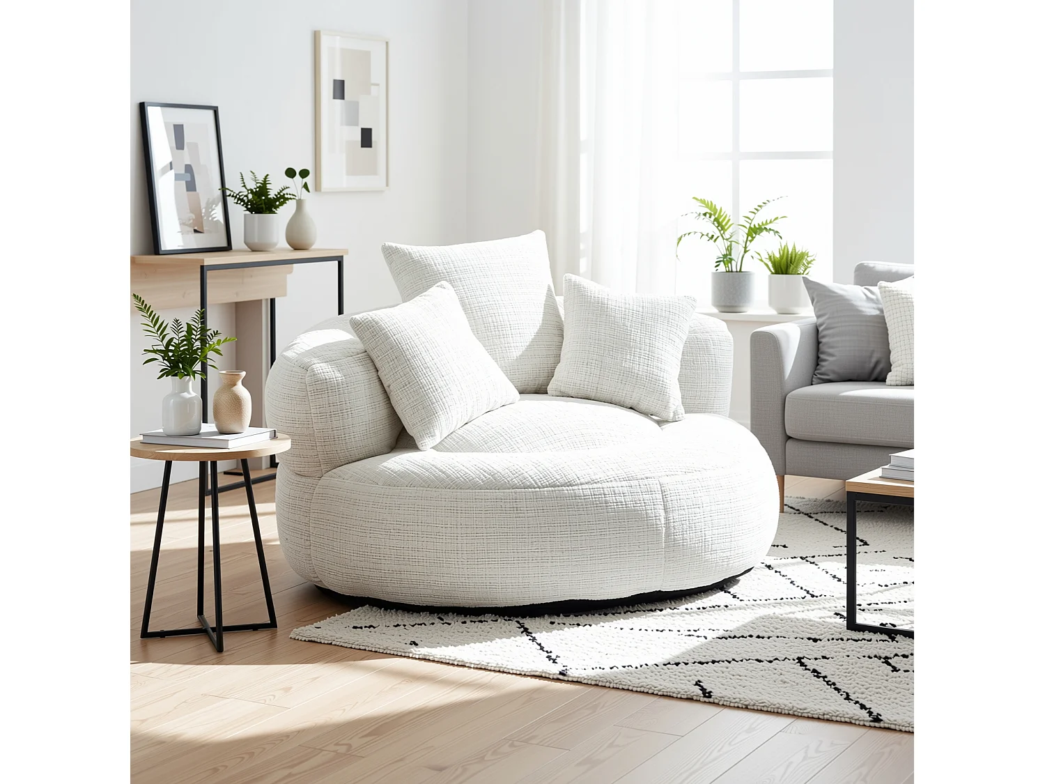 URBAN MEUBLE Grand fauteuil rond en chenille beige chaise lounge avec trois coussins