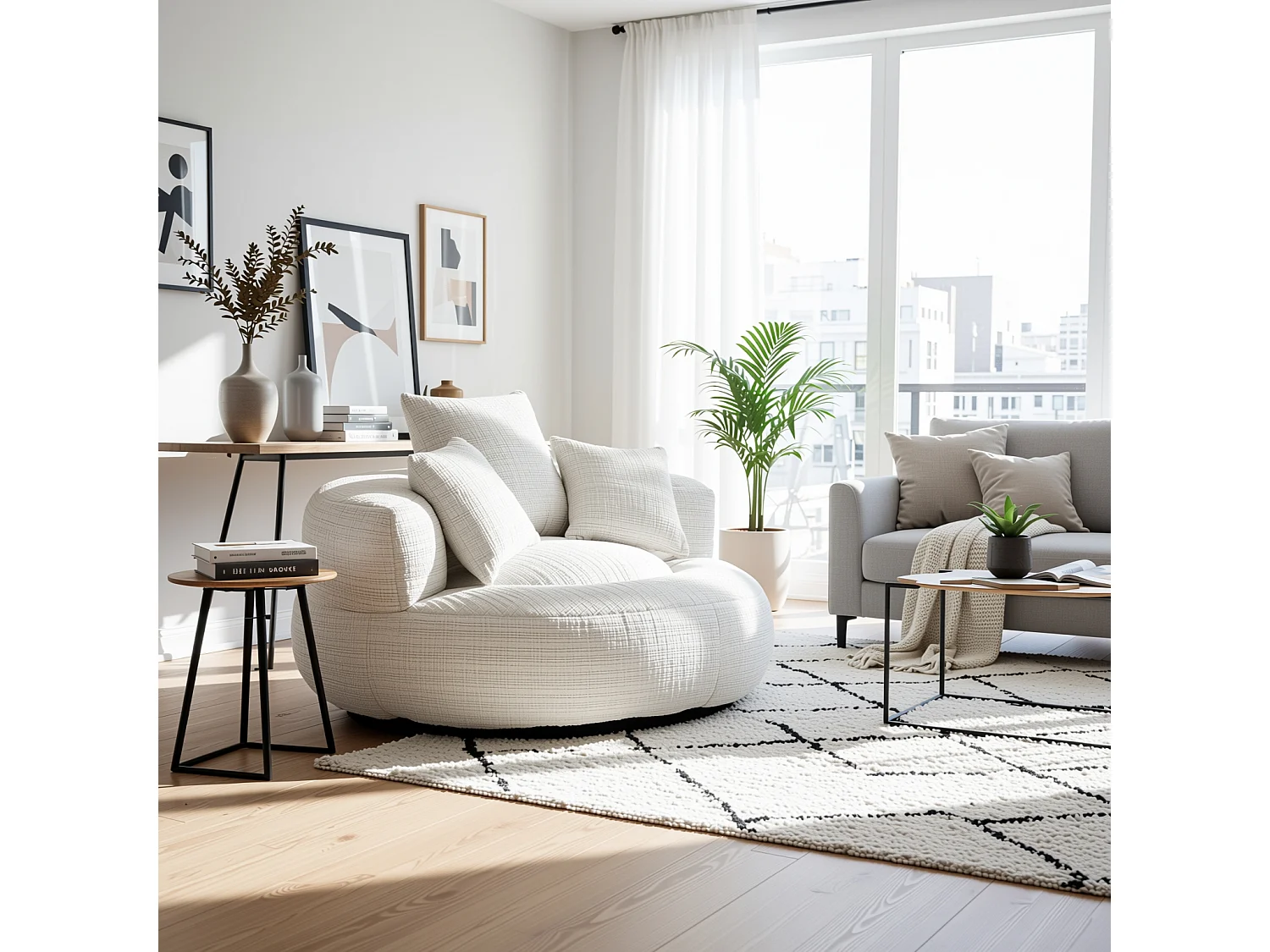 URBAN MEUBLE Grand fauteuil rond en chenille beige chaise lounge avec trois coussins