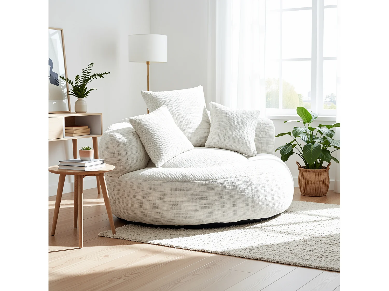 URBAN MEUBLE Grand fauteuil rond en chenille beige chaise lounge avec trois coussins