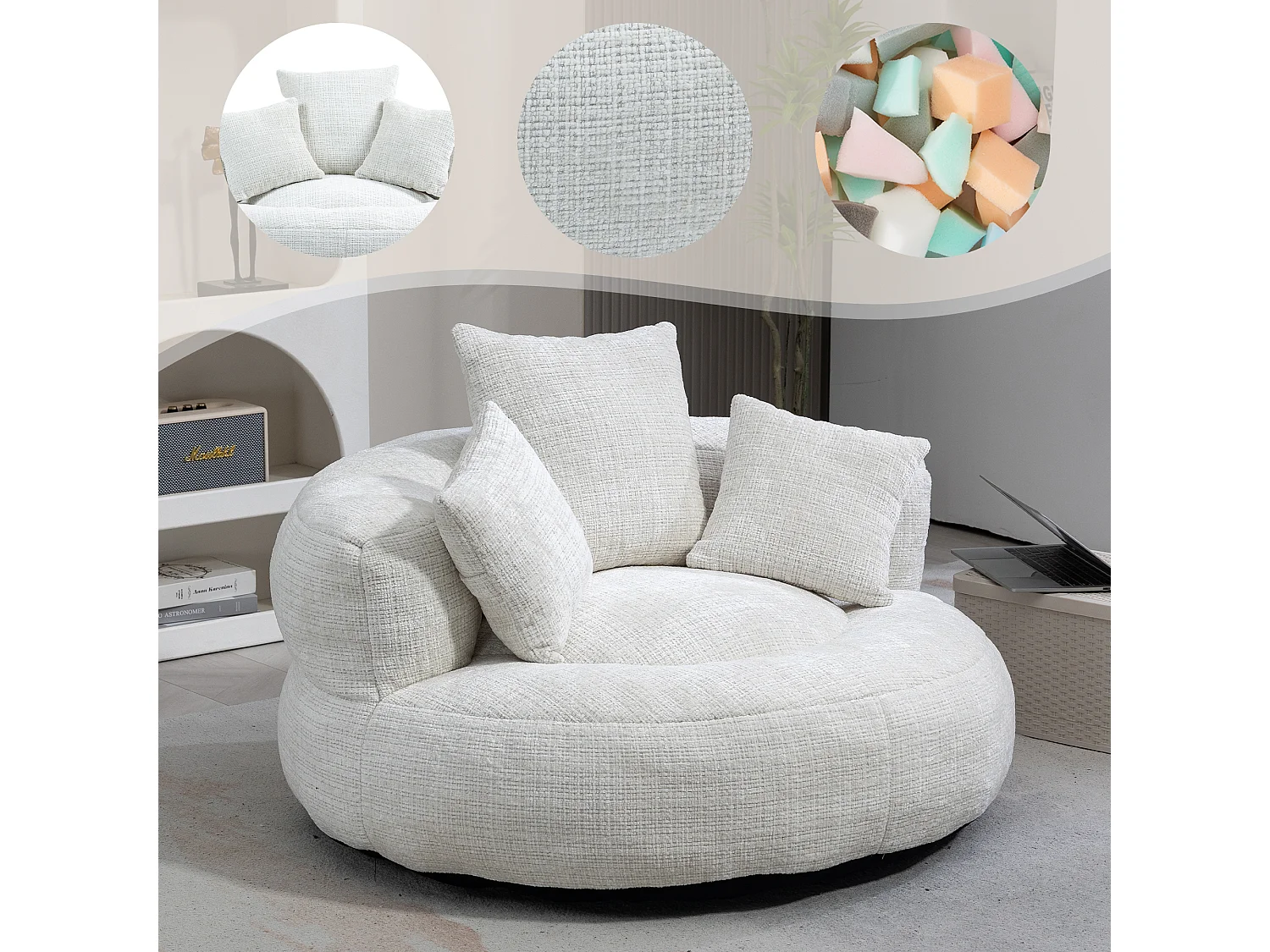 URBAN MEUBLE Grand fauteuil rond en chenille beige chaise lounge avec trois coussins