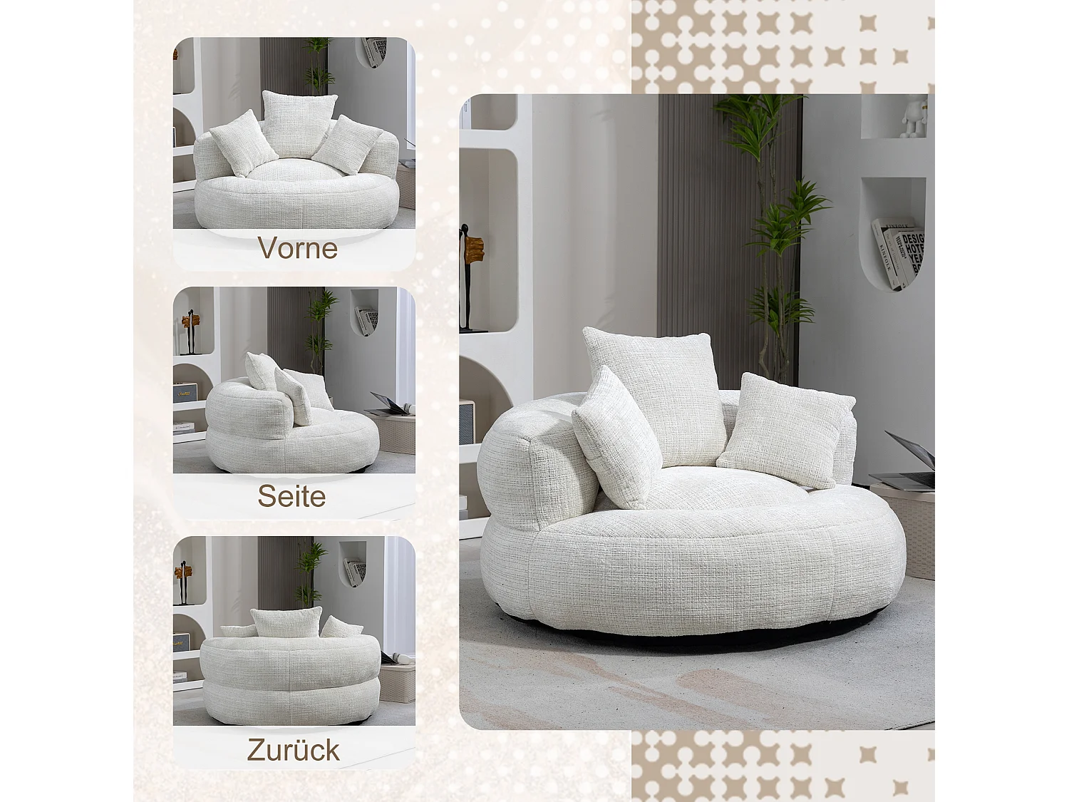 URBAN MEUBLE Grand fauteuil rond en chenille beige chaise lounge avec trois coussins