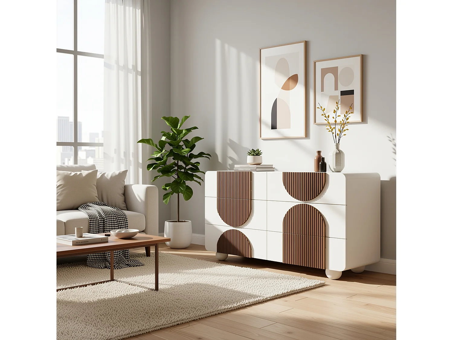 URBAN MEUBLE Buffet moderne bicolore blanc à 6 tiroirs avec design d'arches en bois couleur chocolat