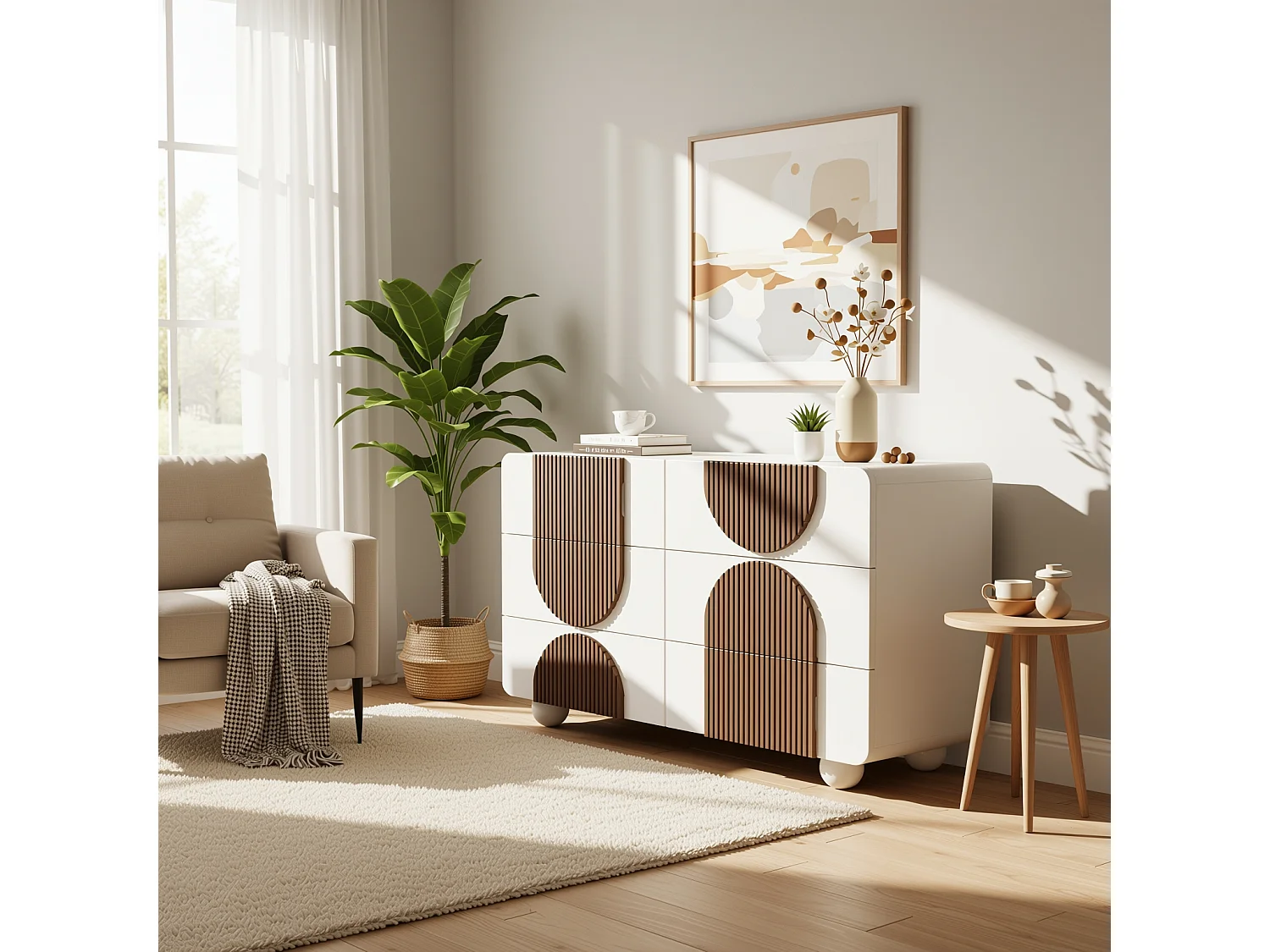 URBAN MEUBLE Buffet moderne bicolore blanc à 6 tiroirs avec design d'arches en bois couleur chocolat