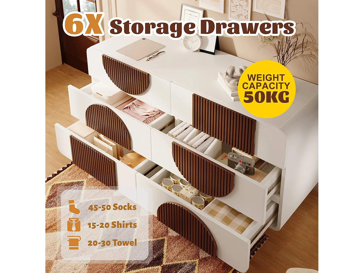 URBAN MEUBLE Buffet moderne bicolore blanc à 6 tiroirs avec design d'arches en bois couleur chocolat