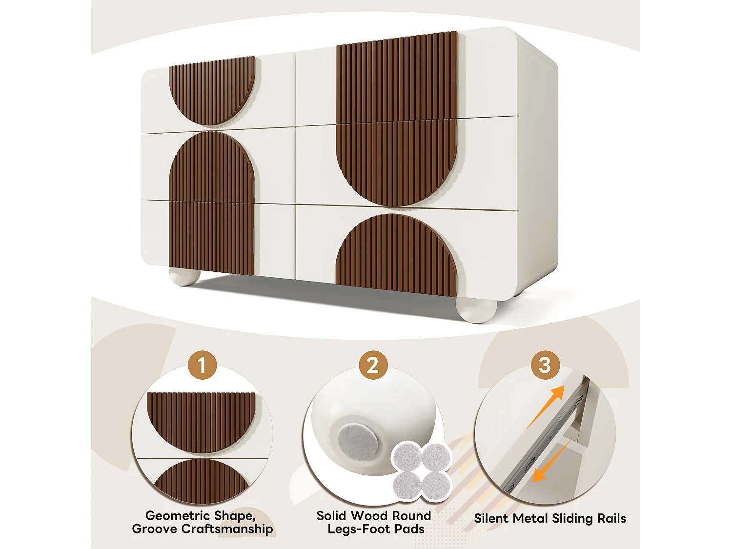 URBAN MEUBLE Buffet moderne bicolore blanc à 6 tiroirs avec design d'arches en bois couleur chocolat