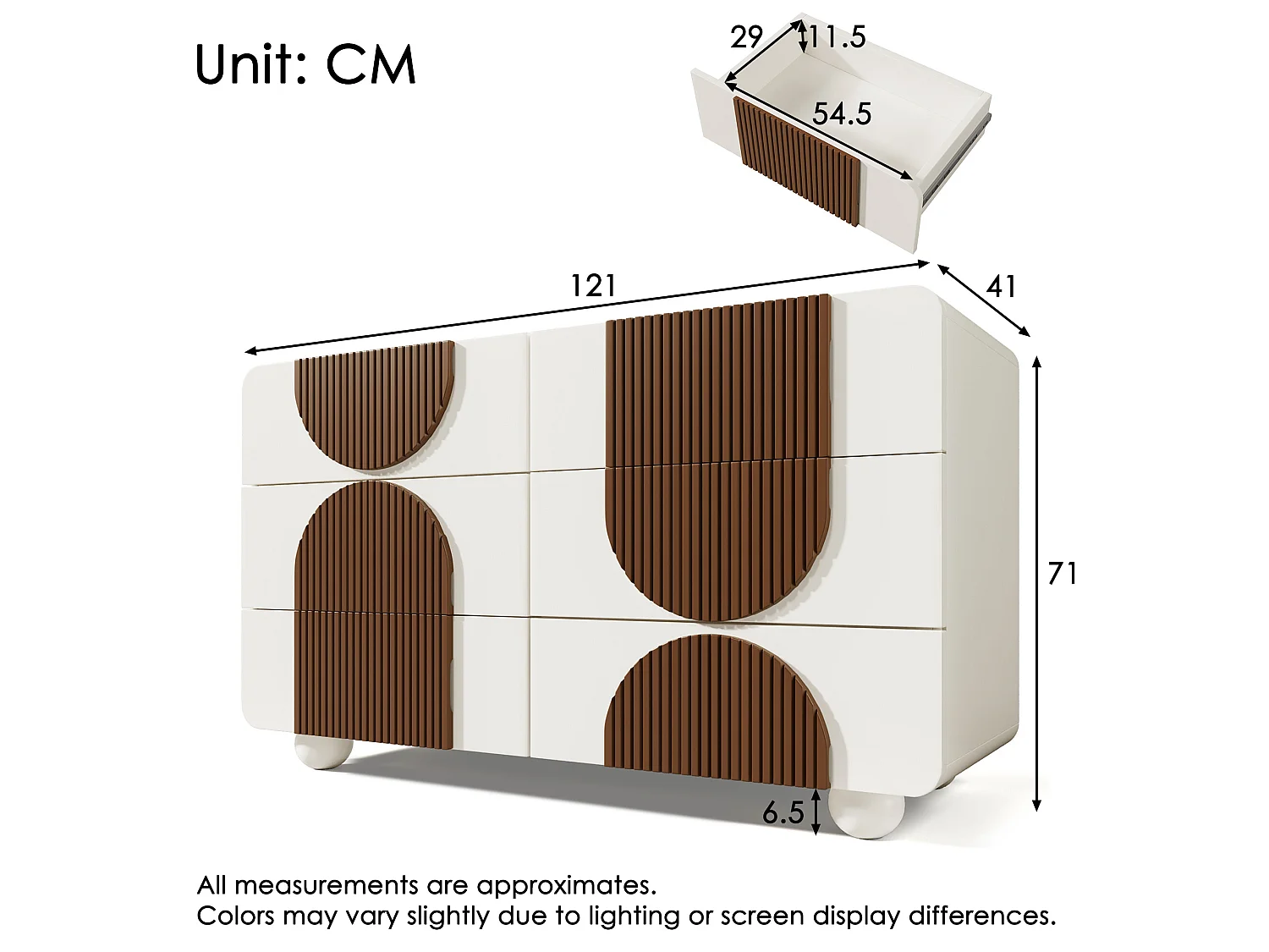 URBAN MEUBLE Buffet moderne bicolore blanc à 6 tiroirs avec design d'arches en bois couleur chocolat