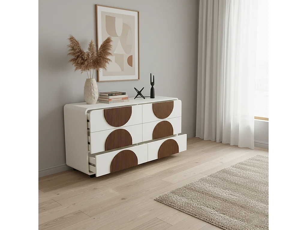 URBAN MEUBLE Buffet moderne bicolore blanc à 6 tiroirs avec design d'arches en bois couleur chocolat