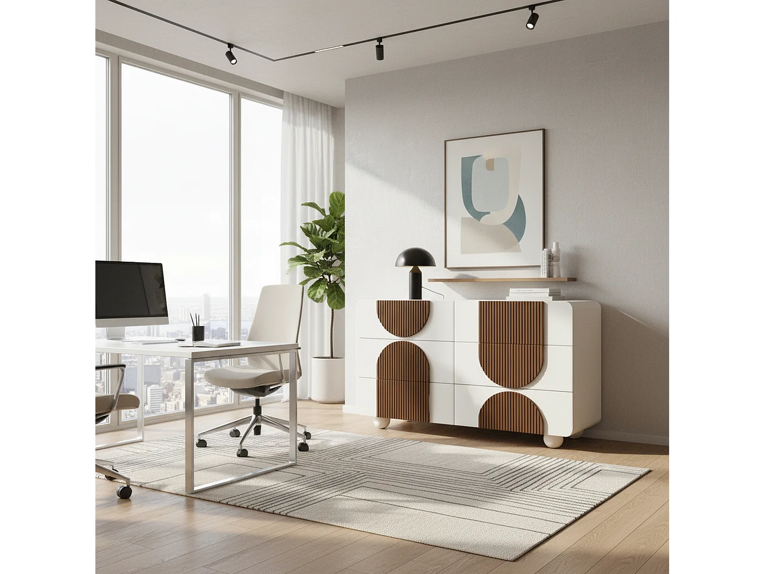 URBAN MEUBLE Buffet moderne bicolore blanc à 6 tiroirs avec design d'arches en bois couleur chocolat