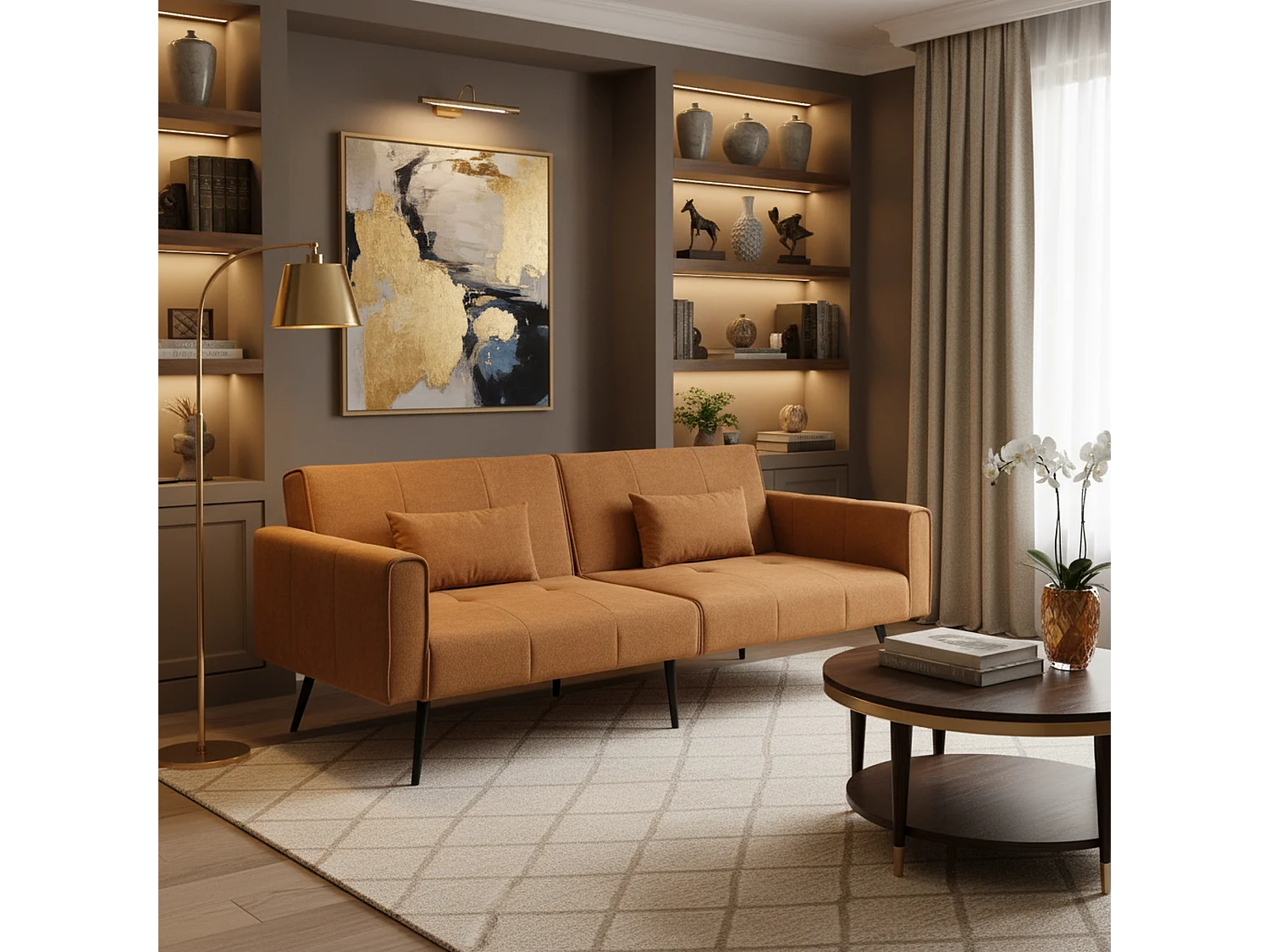 URBAN MEUBLE Canapé-lit 3 places velours côtelé jaune moutarde avec pieds en métal