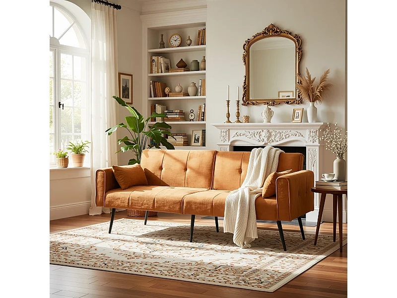 URBAN MEUBLE Canapé-lit 3 places velours côtelé jaune moutarde avec pieds en métal