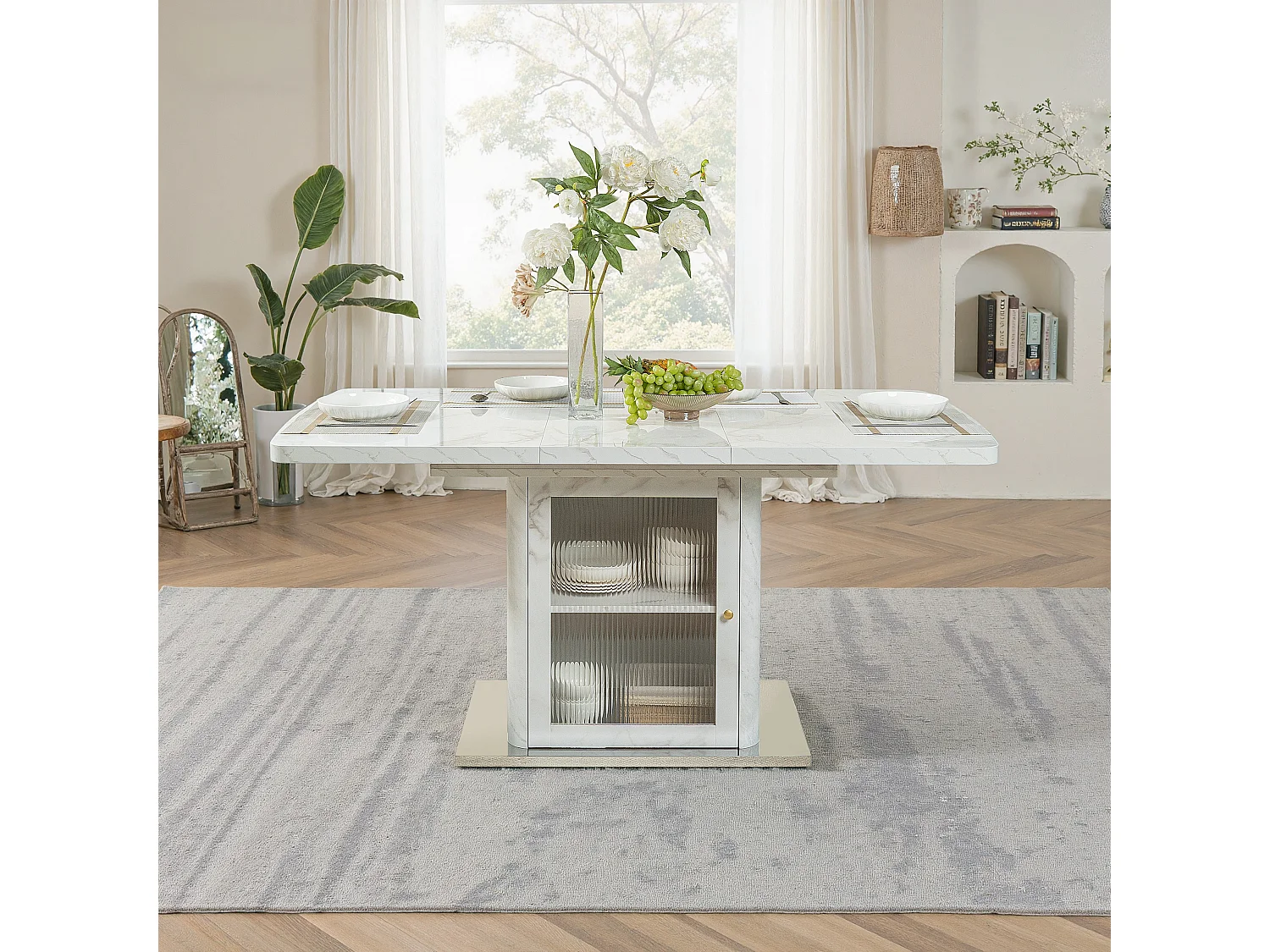 URBAN MEUBLE Table à manger rectangulaire extensible 120-160cm effet marbre blanc imprimé avec pied-armoire