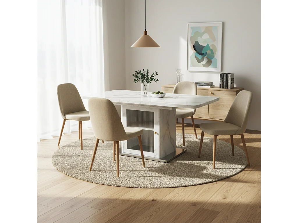 URBAN MEUBLE Table à manger rectangulaire extensible 120-160cm effet marbre blanc imprimé avec pied-armoire