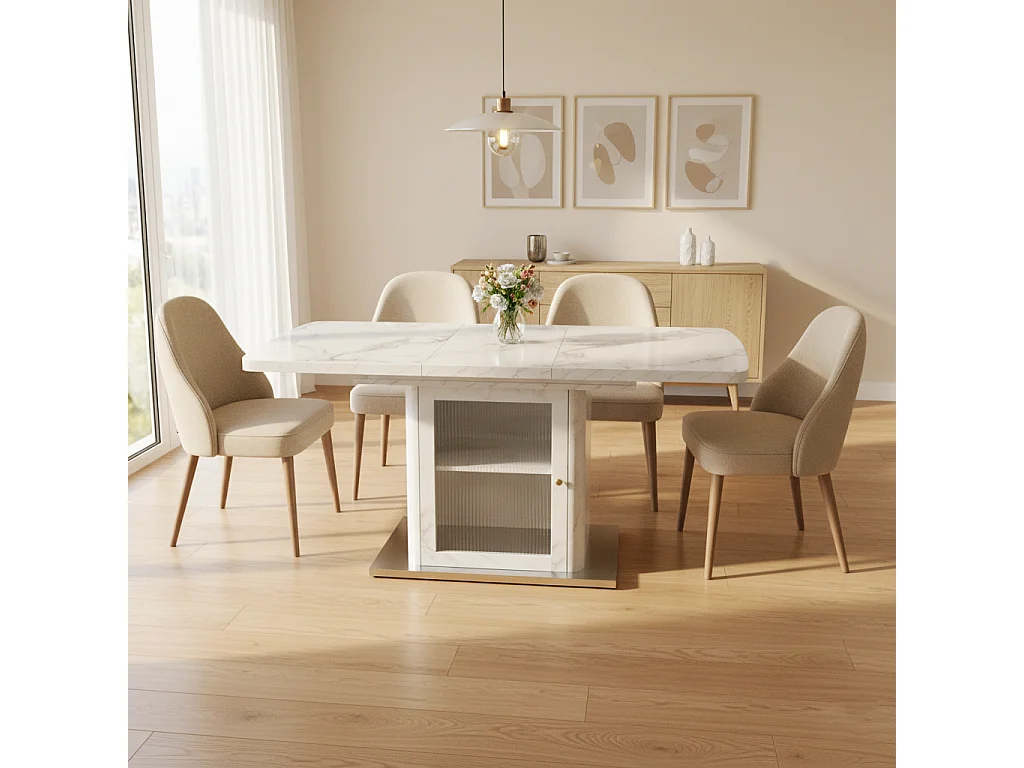 URBAN MEUBLE Table à manger rectangulaire extensible 120-160cm effet marbre blanc imprimé avec pied-armoire