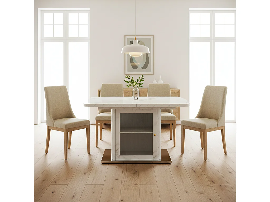 URBAN MEUBLE Table à manger rectangulaire extensible 120-160cm effet marbre blanc imprimé avec pied-armoire
