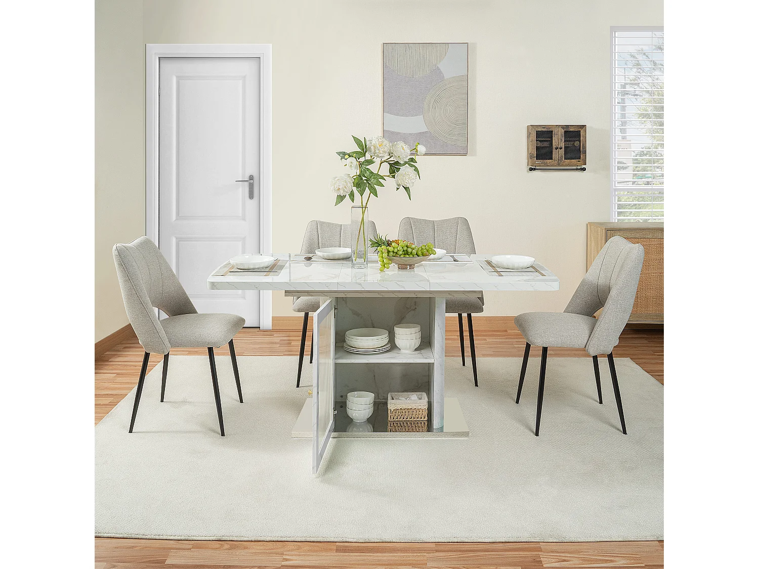 URBAN MEUBLE Table à manger rectangulaire extensible 120-160cm effet marbre blanc imprimé avec pied-armoire