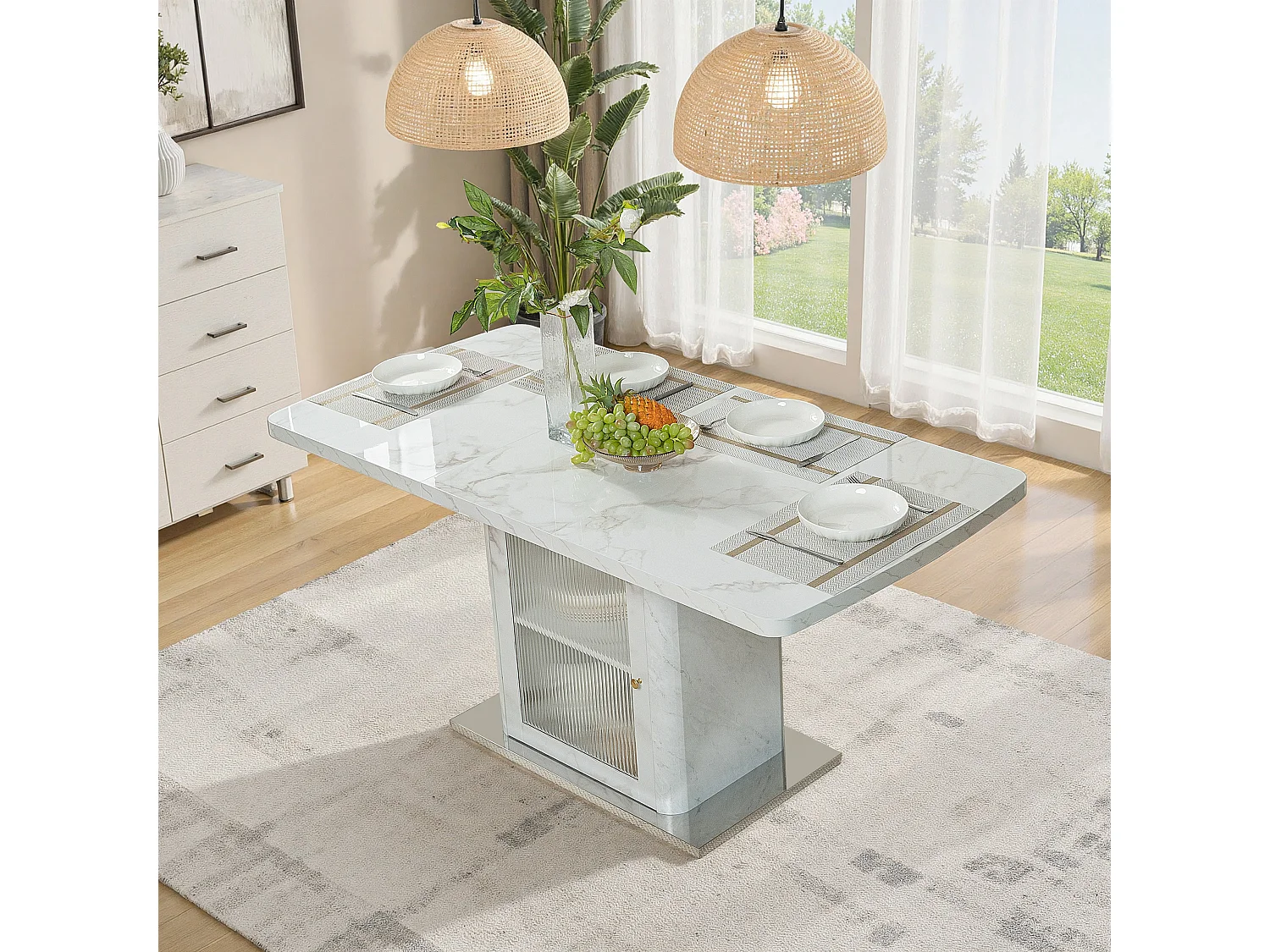 URBAN MEUBLE Table à manger rectangulaire extensible 120-160cm effet marbre blanc imprimé avec pied-armoire