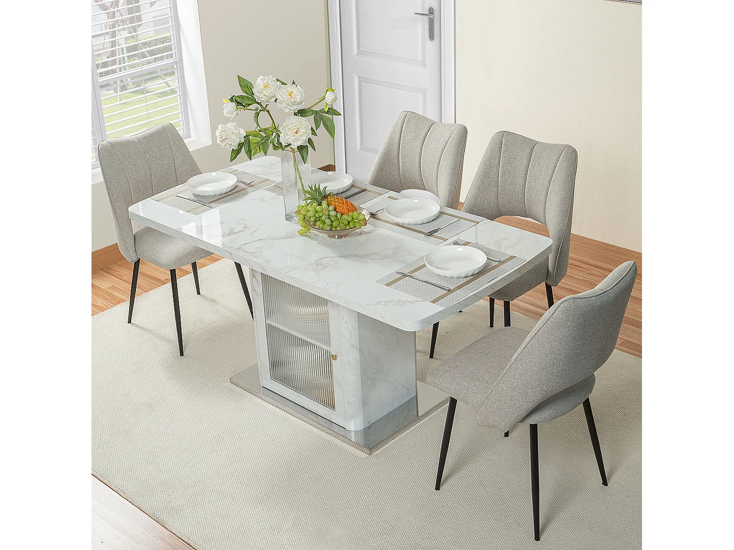 URBAN MEUBLE Table à manger rectangulaire extensible 120-160cm effet marbre blanc imprimé avec pied-armoire
