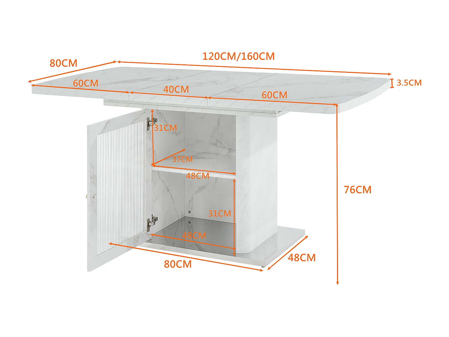 URBAN MEUBLE Table à manger rectangulaire extensible 120-160cm effet marbre blanc imprimé avec pied-armoire