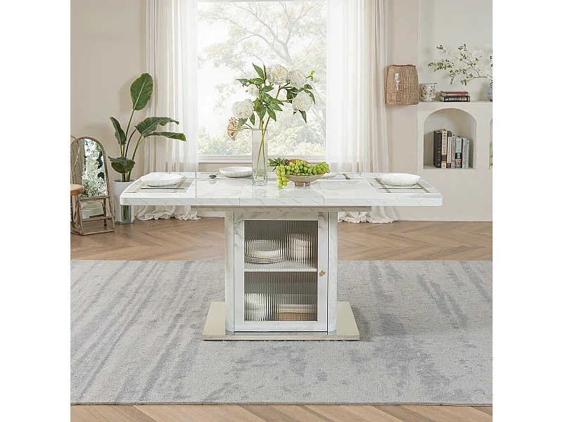 URBAN MEUBLE Table à manger rectangulaire extensible 120-160cm effet marbre blanc imprimé avec pied-armoire