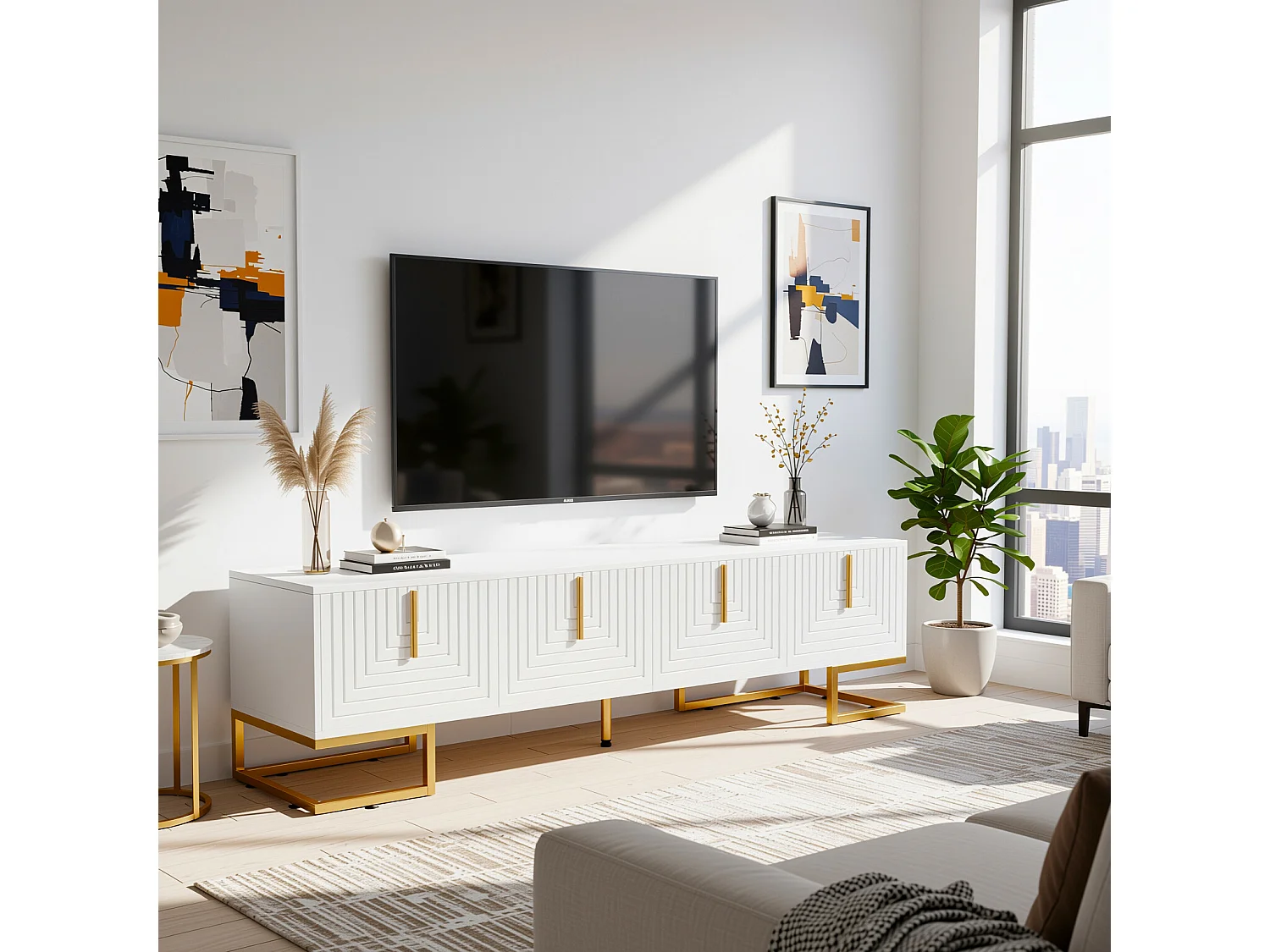 URBAN MEUBLE Buffet bois noyer à 6 tiroirs avec poignées en rotin et pieds en métal