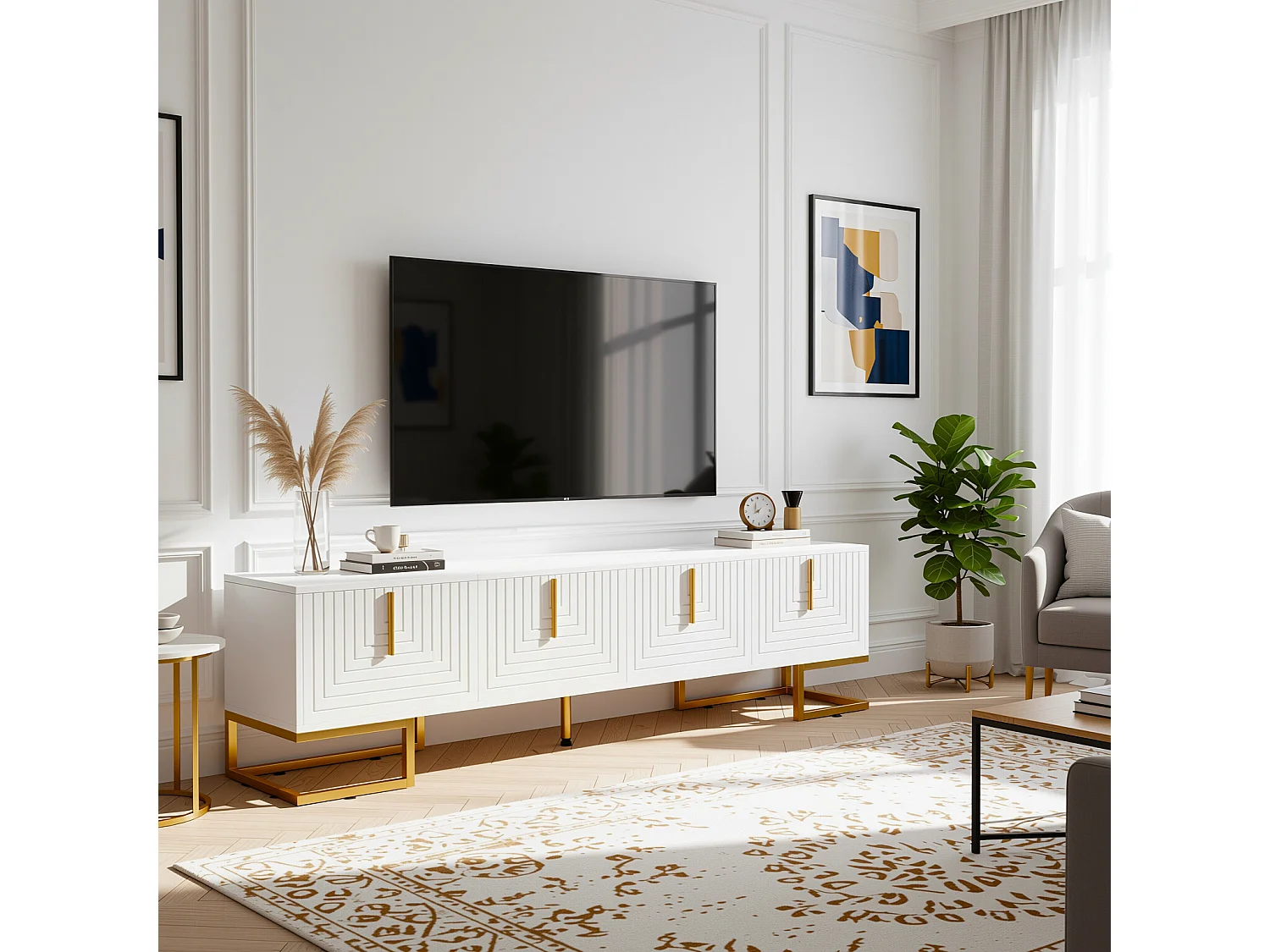 URBAN MEUBLE Buffet bois noyer à 6 tiroirs avec poignées en rotin et pieds en métal