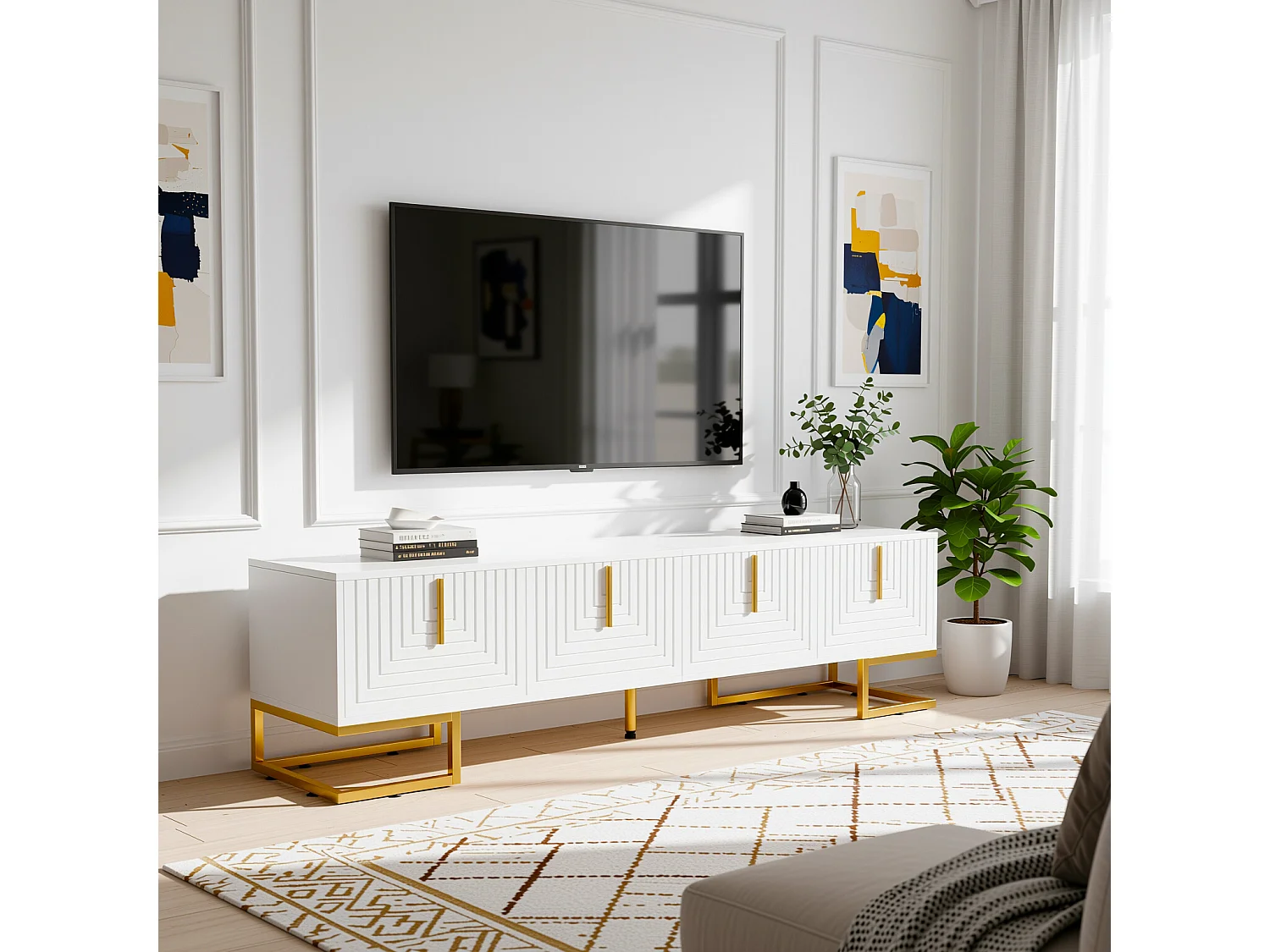 URBAN MEUBLE Buffet bois noyer à 6 tiroirs avec poignées en rotin et pieds en métal