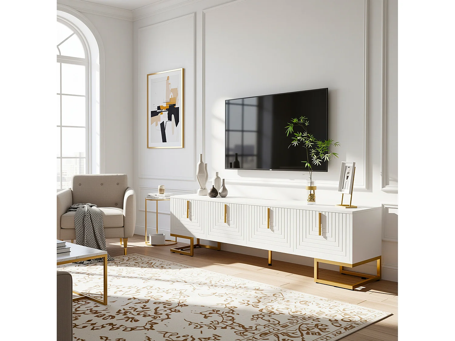 URBAN MEUBLE Buffet bois noyer à 6 tiroirs avec poignées en rotin et pieds en métal