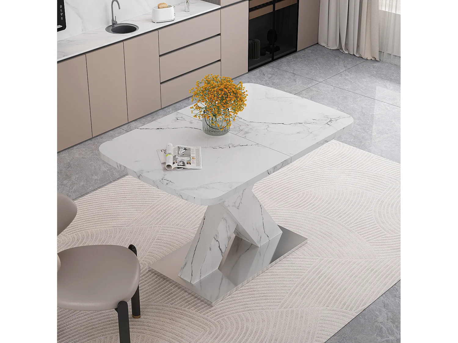 URBAN MEUBLE Table de salle à manger rectangulaire extensible 120-160cm, effet marbre blanc imprimé avec pied en forme X