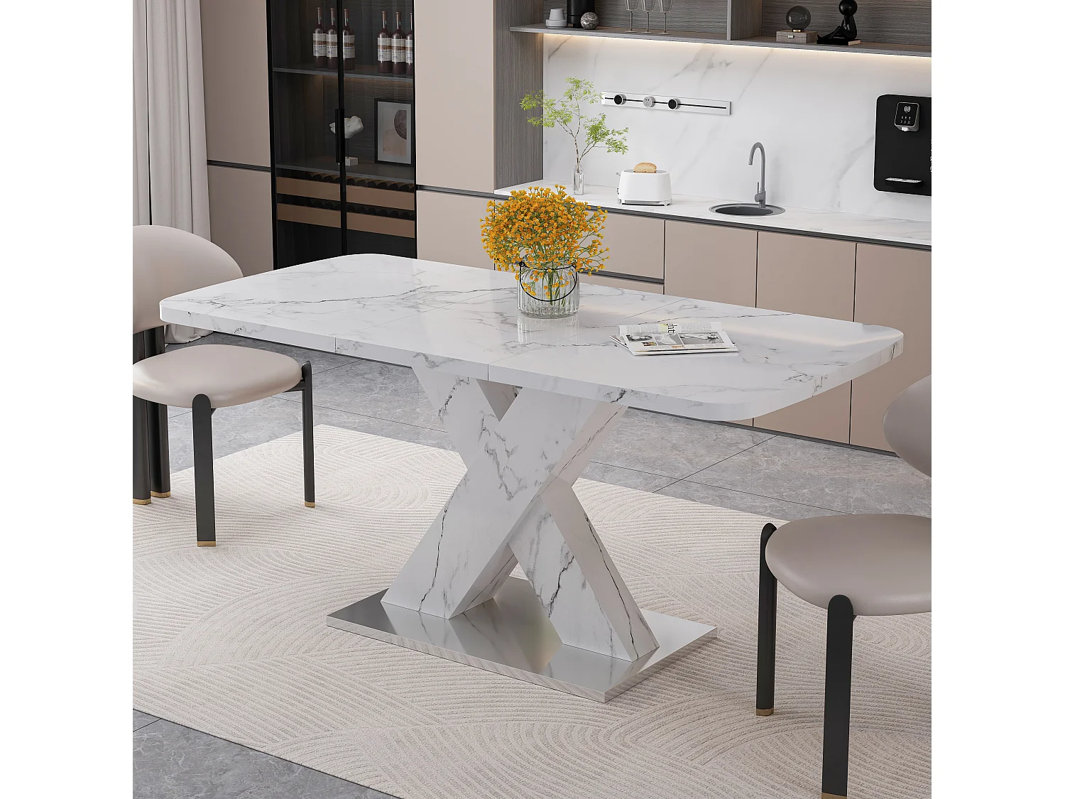 URBAN MEUBLE Table de salle à manger rectangulaire extensible 120-160cm, effet marbre blanc imprimé avec pied en forme X