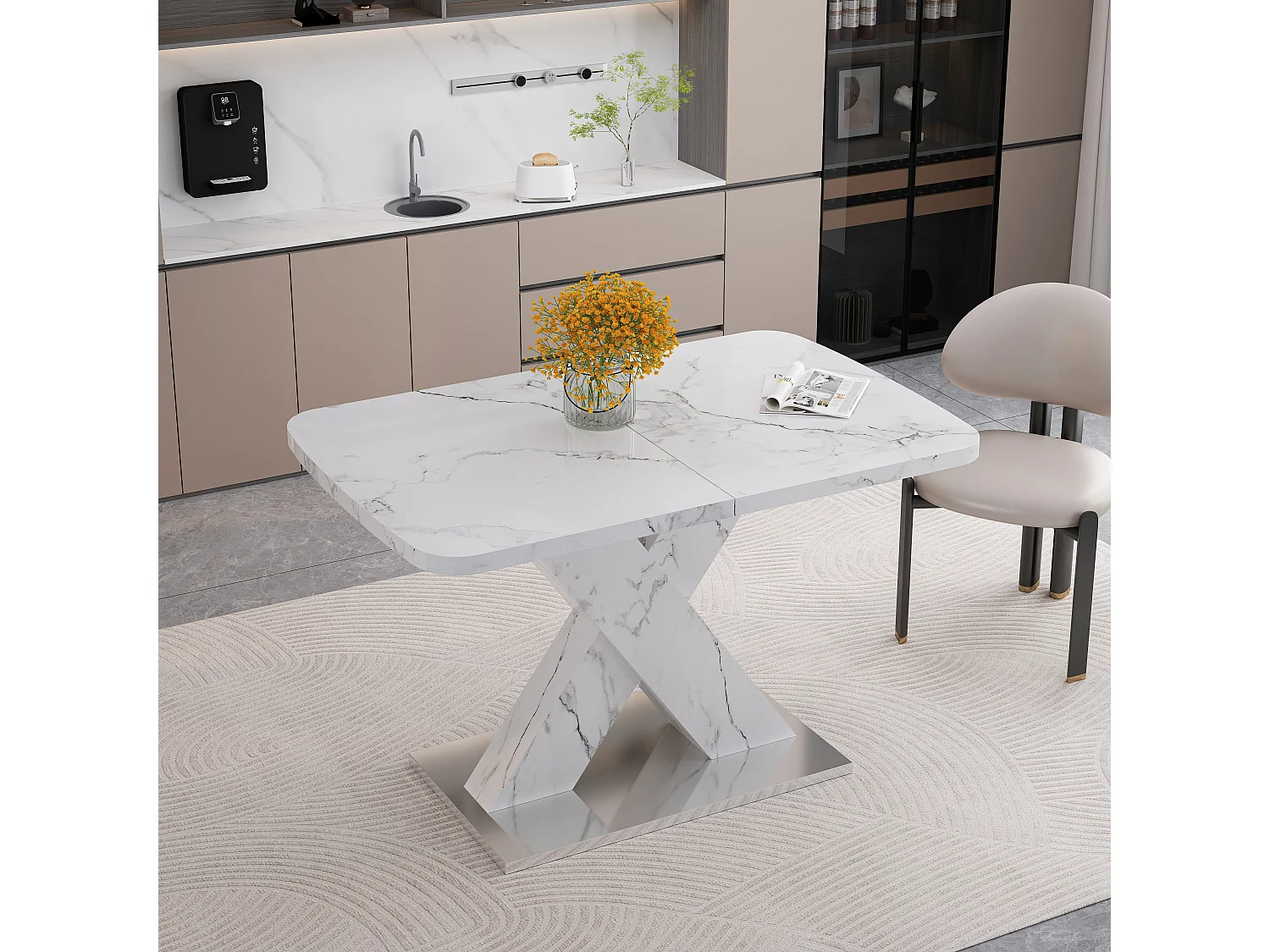 URBAN MEUBLE Table de salle à manger rectangulaire extensible 120-160cm, effet marbre blanc imprimé avec pied en forme X