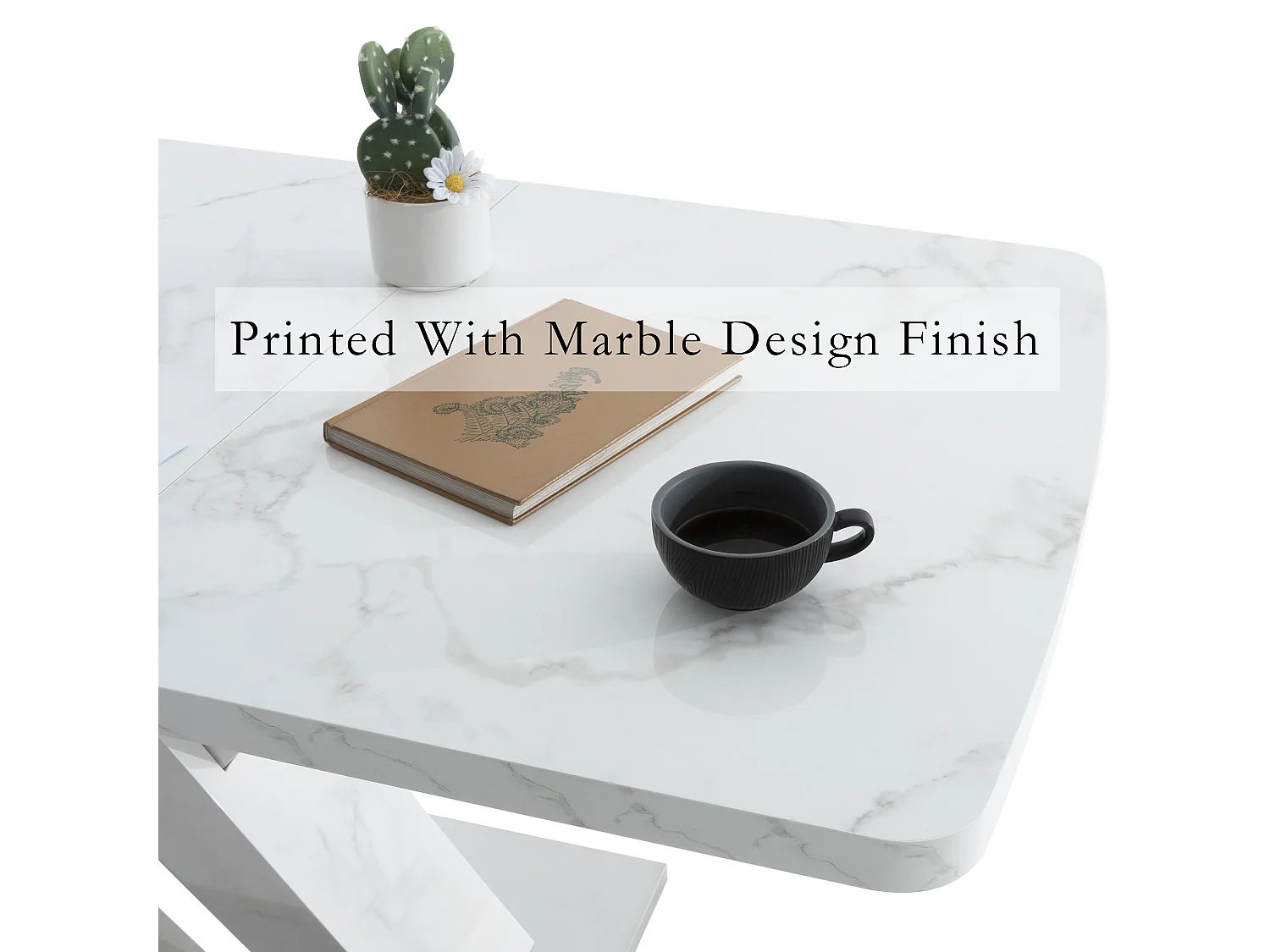 URBAN MEUBLE Table de salle à manger rectangulaire extensible 120-160cm, effet marbre blanc imprimé avec pied en forme X