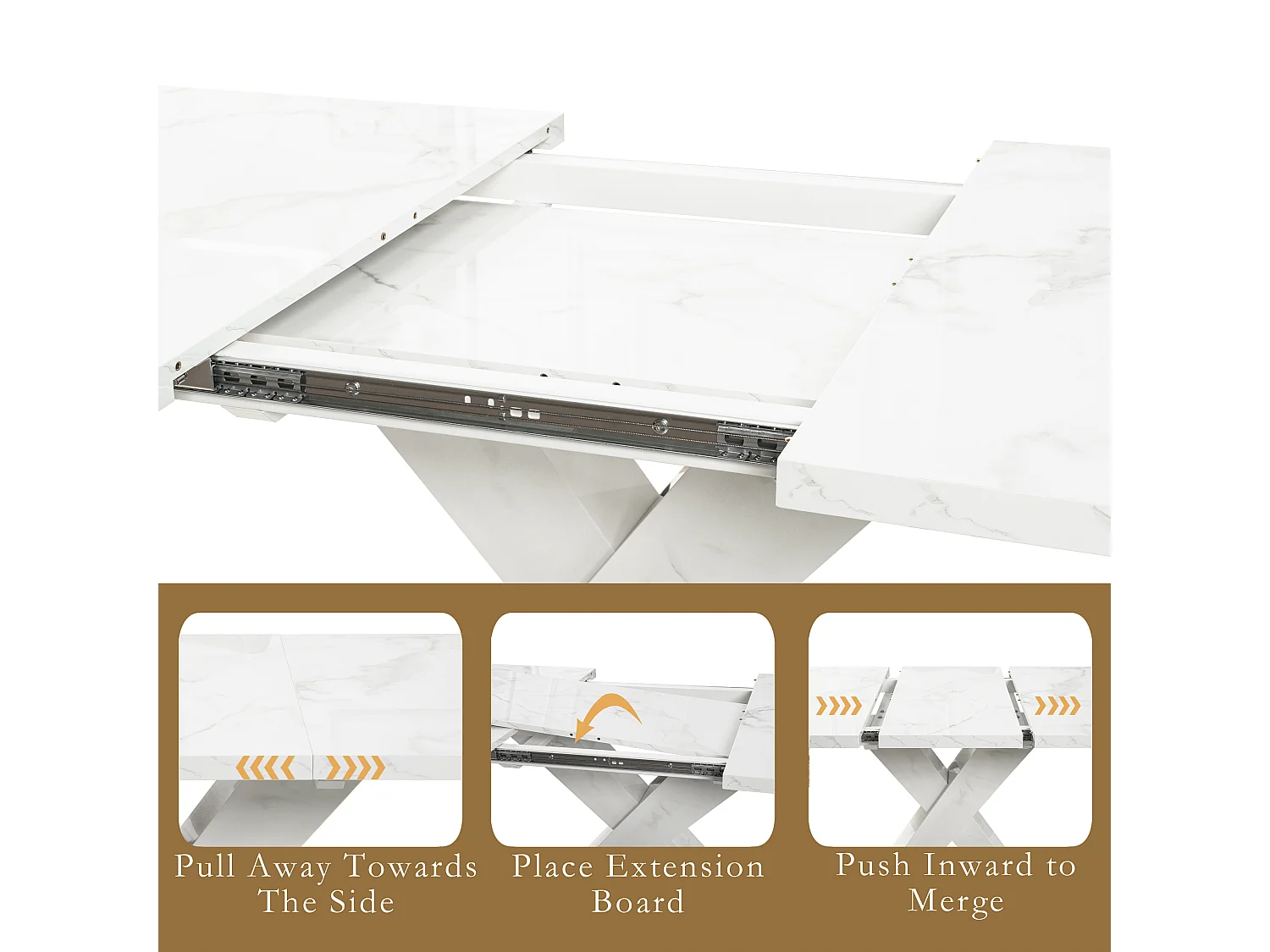 URBAN MEUBLE Table de salle à manger rectangulaire extensible 120-160cm, effet marbre blanc imprimé avec pied en forme X