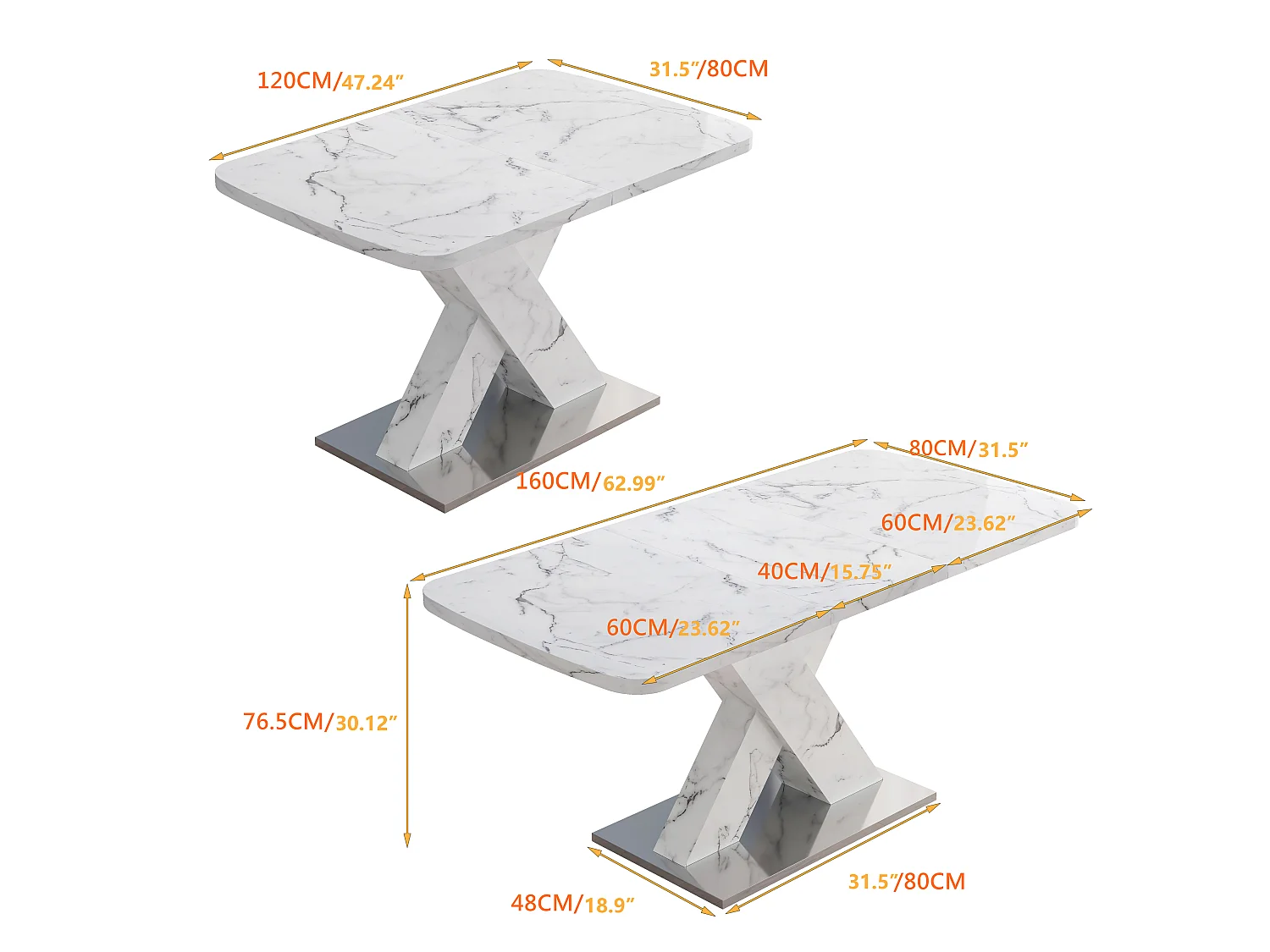 URBAN MEUBLE Table de salle à manger rectangulaire extensible 120-160cm, effet marbre blanc imprimé avec pied en forme X