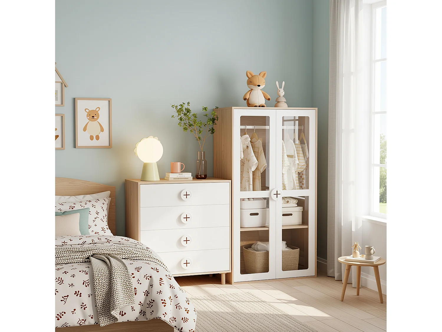 URBAN MEUBLE Ensemble de armoire portes vitrées + commode 4 tiroirs bicolores