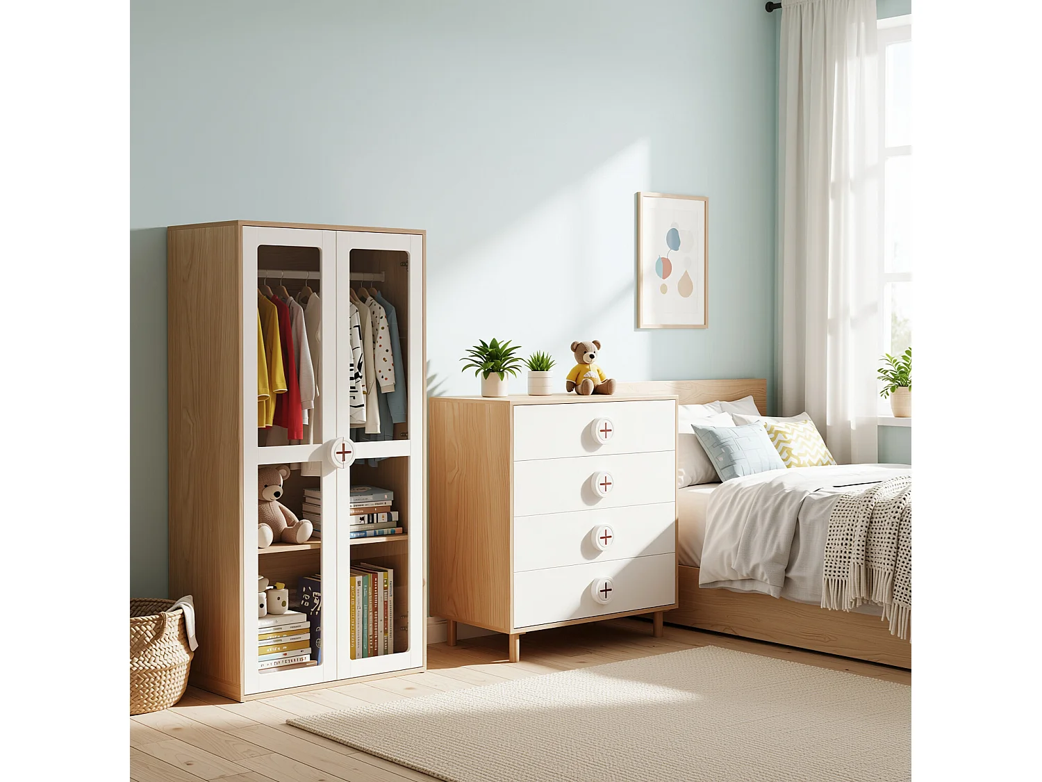 URBAN MEUBLE Ensemble de armoire portes vitrées + commode 4 tiroirs bicolores