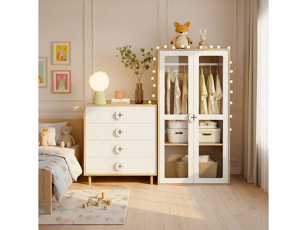 URBAN MEUBLE Ensemble de armoire portes vitrées + commode 4 tiroirs bicolores