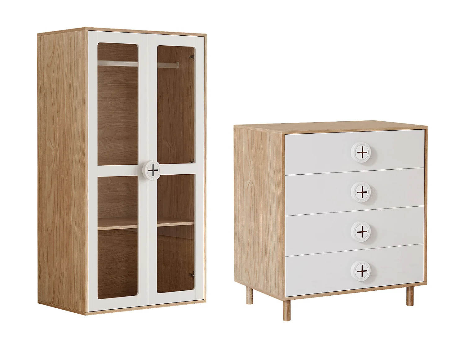 URBAN MEUBLE Ensemble de armoire portes vitrées + commode 4 tiroirs bicolores
