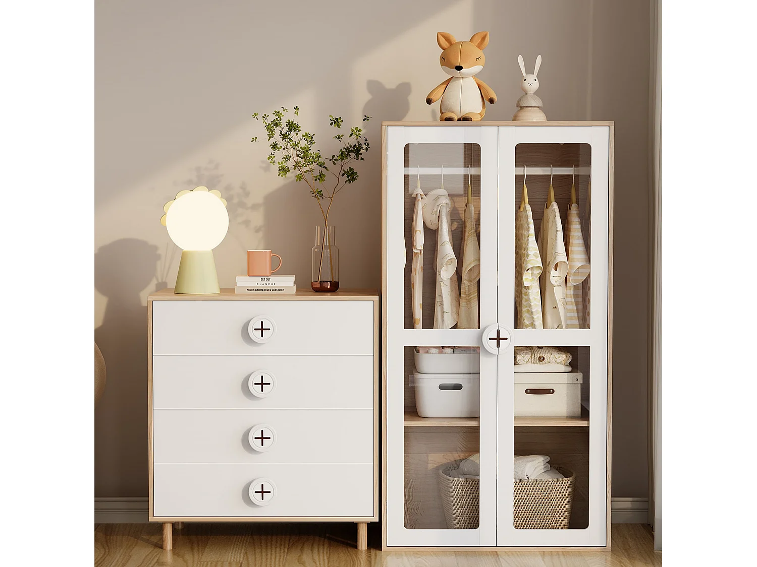 URBAN MEUBLE Ensemble de armoire portes vitrées + commode 4 tiroirs bicolores