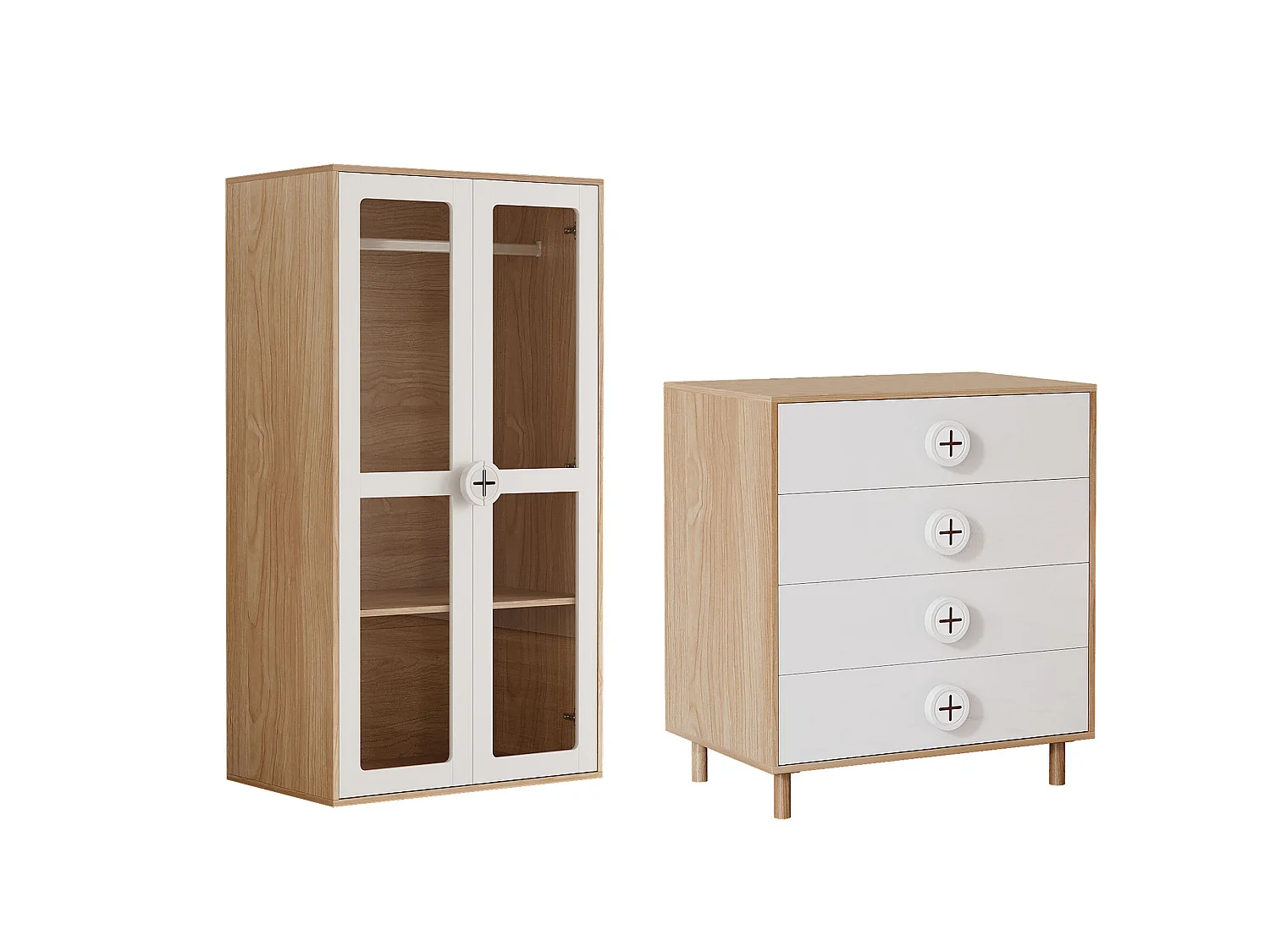 URBAN MEUBLE Ensemble de armoire portes vitrées + commode 4 tiroirs bicolores