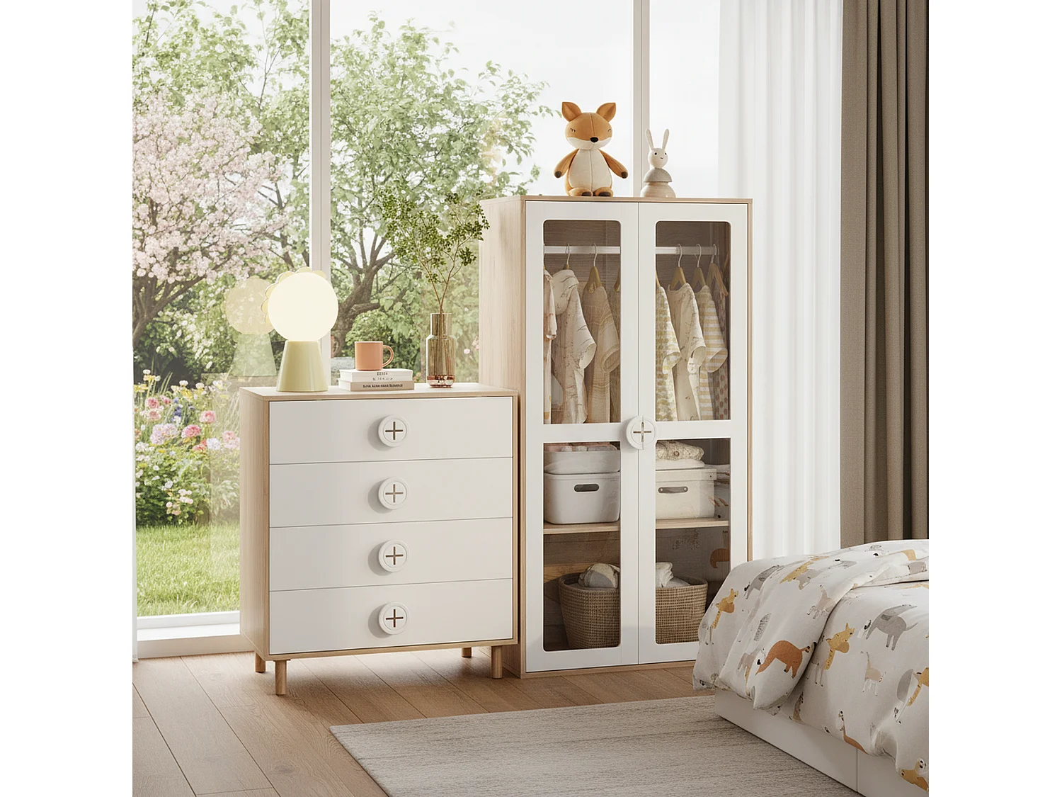URBAN MEUBLE Ensemble de armoire portes vitrées + commode 4 tiroirs bicolores